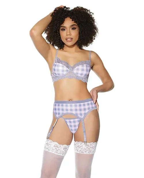 Crystal Pink Buffalo Check Print, Bra, Garter Belt & G-String