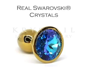 Swarovski Aquamarine Vitrail Light crystal sexy erotic toy jewel butt plug, Gold intimate jewelry buttplug, Diamond anal plug large, Mature